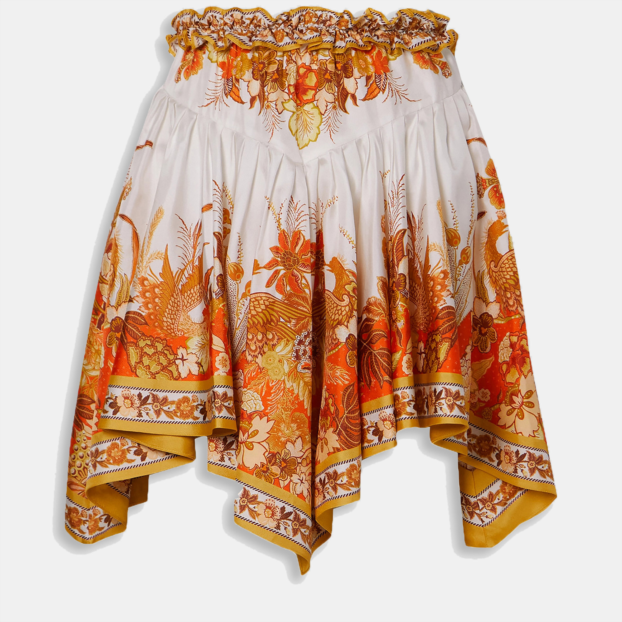 Zimmermann orange peacock print silk mini skirt l (size 3)