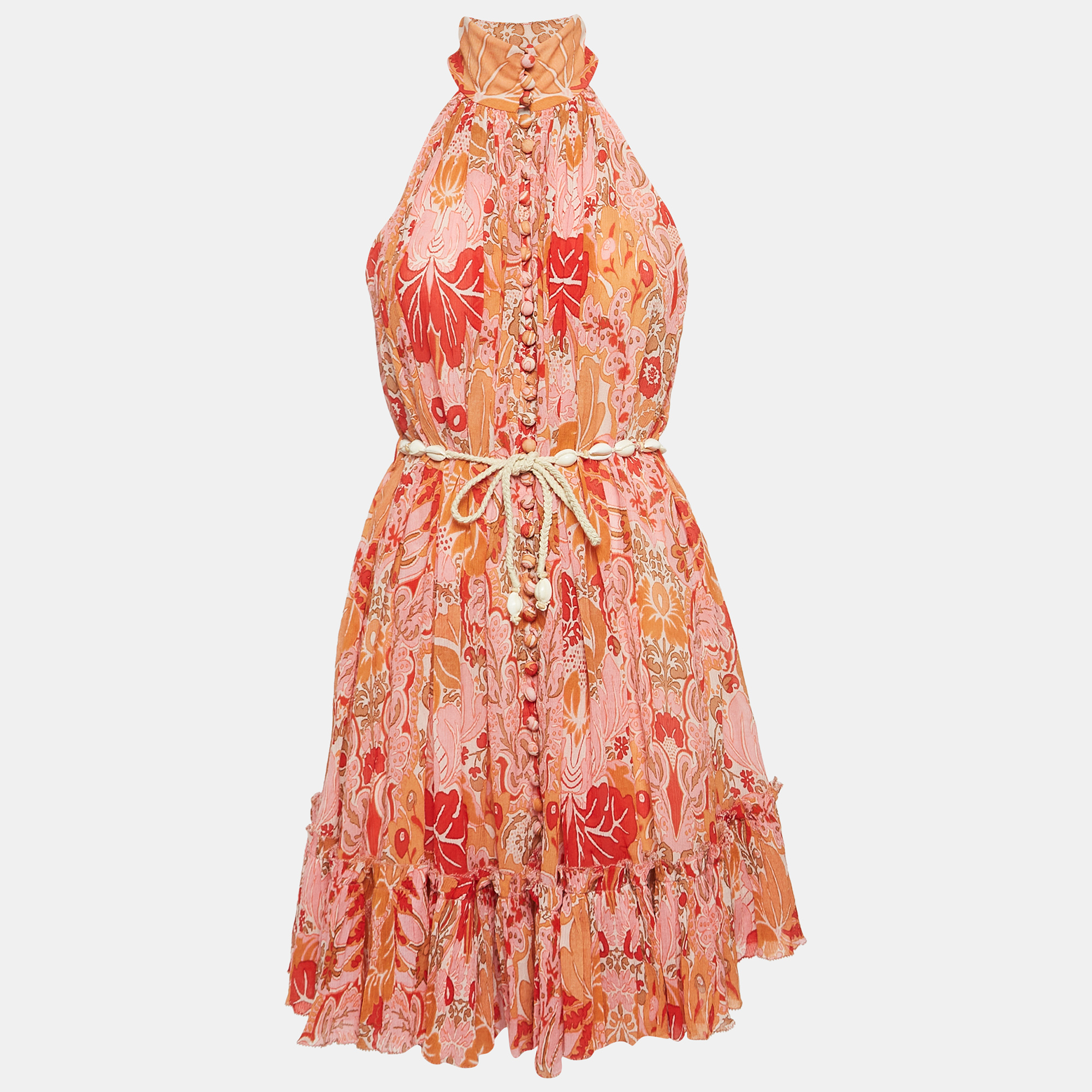Zimmermann pink/coral floral printed georgette violet short halter dress s