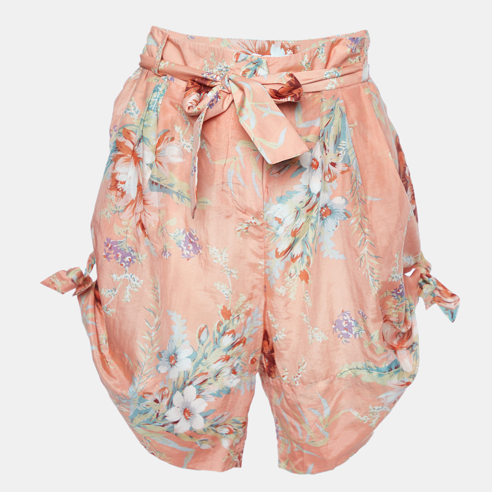 Zimmermann orange anais antique floral print silk blend belted shorts xl