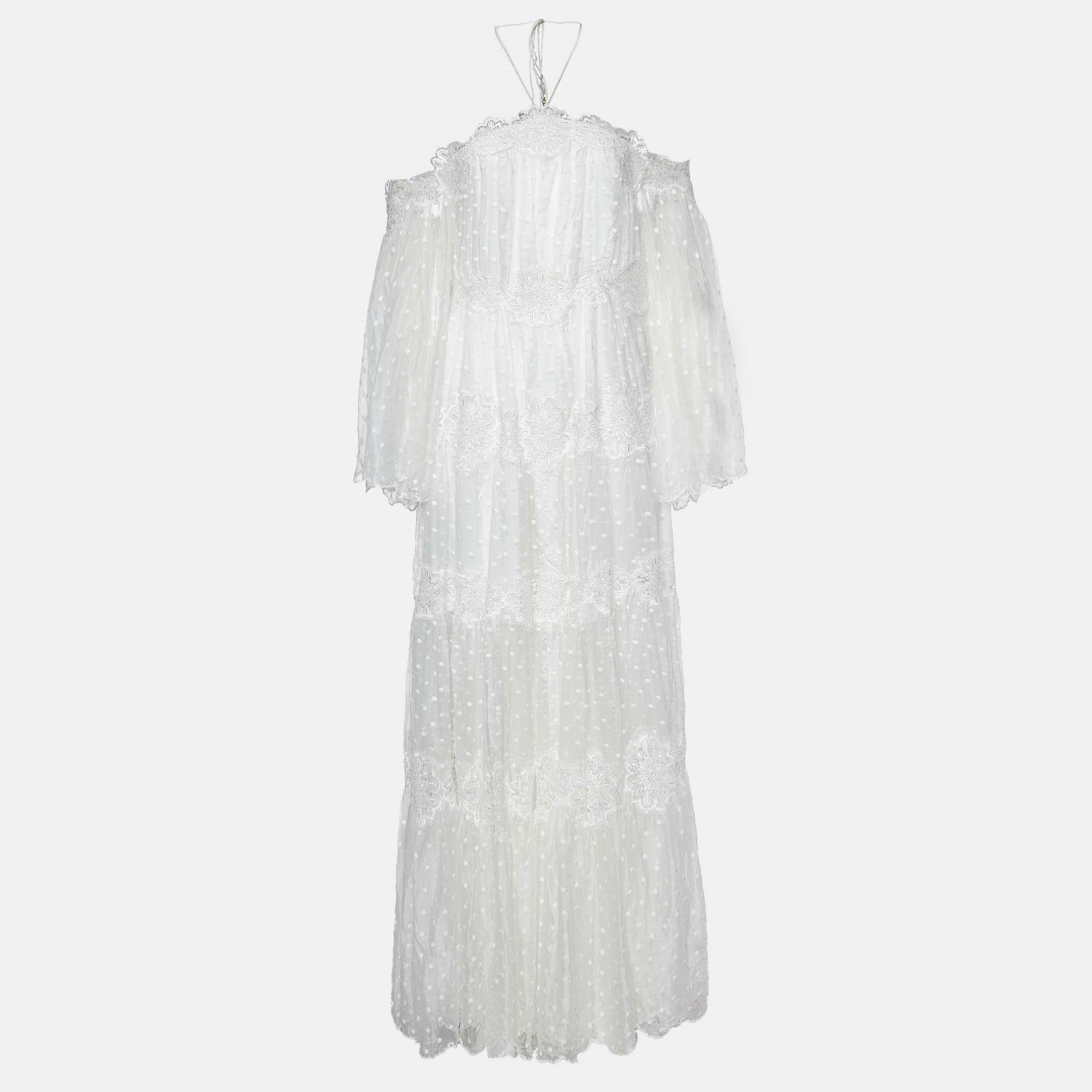 Zimmermann white dotted silk lace paneled maxi dress xs