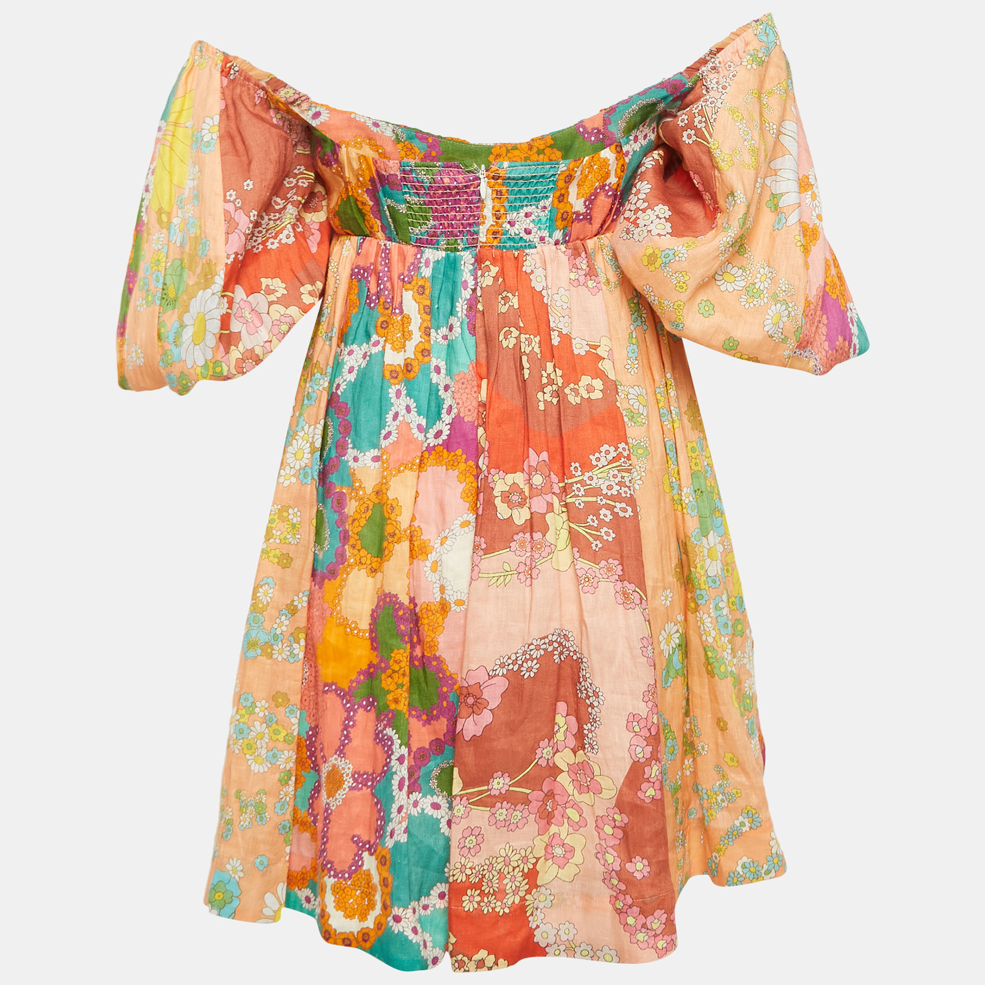 Zimmermann Orange/Multicolor Printed Off-Shoulder Mini Dress XS