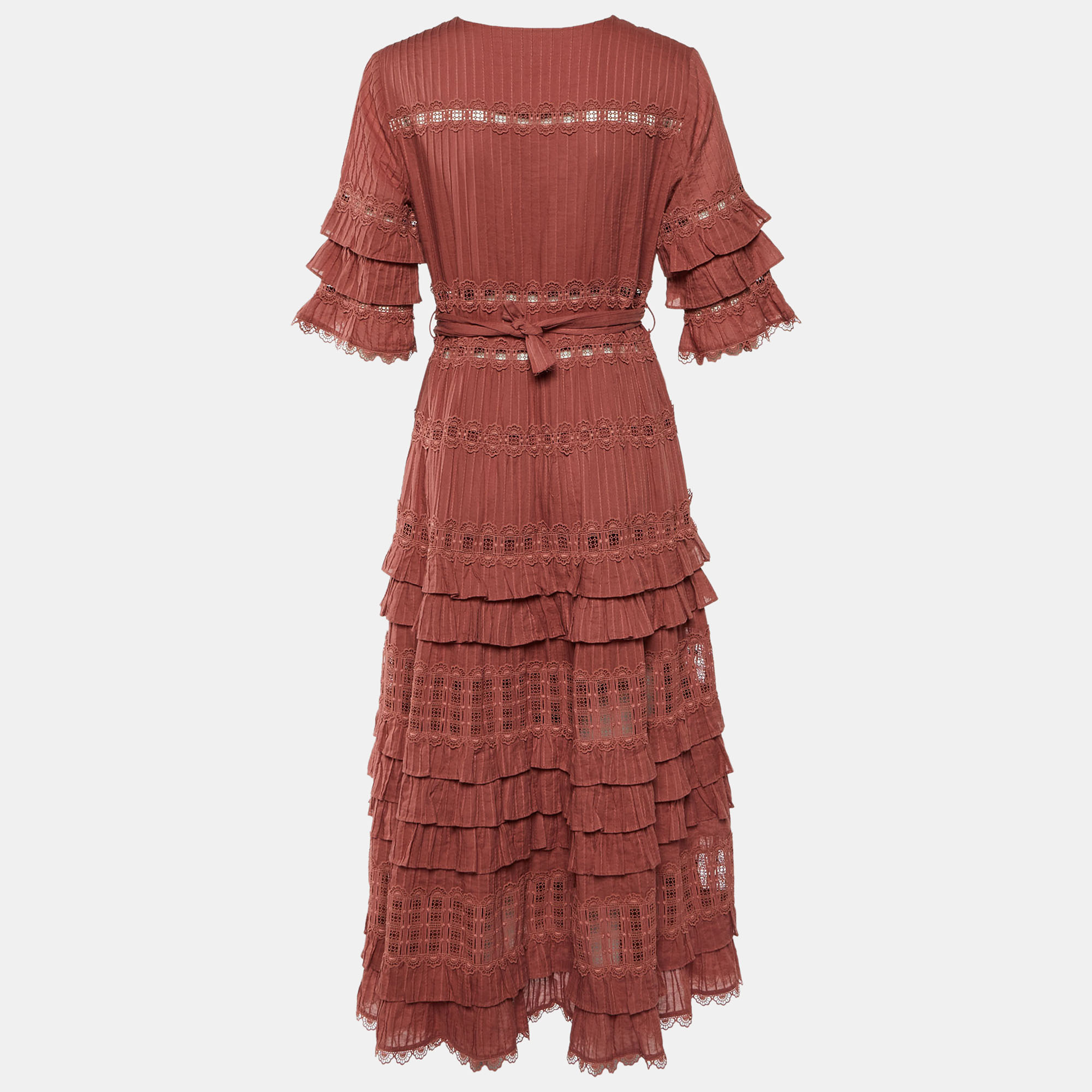 Zimmermann Pink Broderie Anglaise Cotton Corsair Tiered Dress L