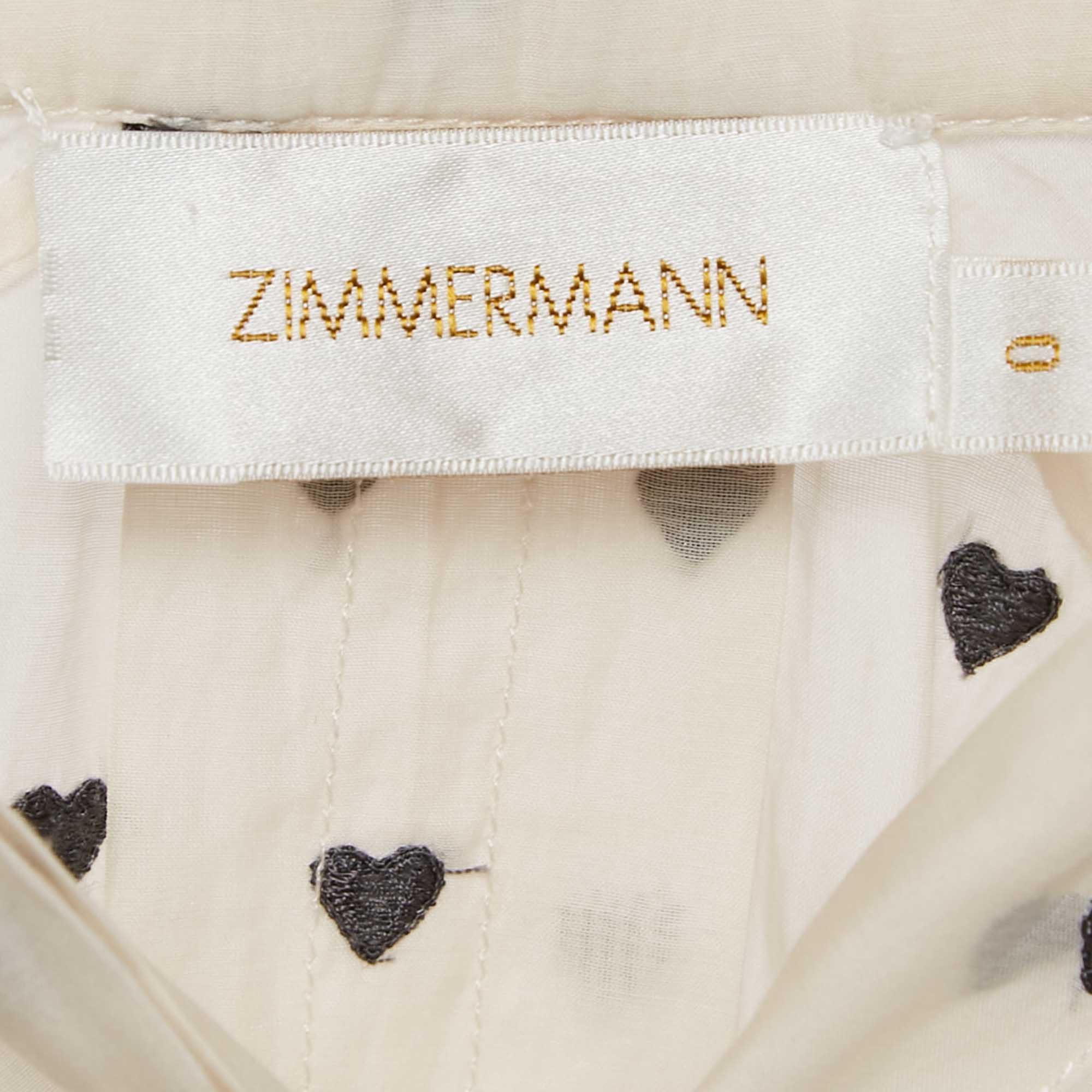 Zimmermann Cream Hearts Embroidered Cotton Blend Blouse S