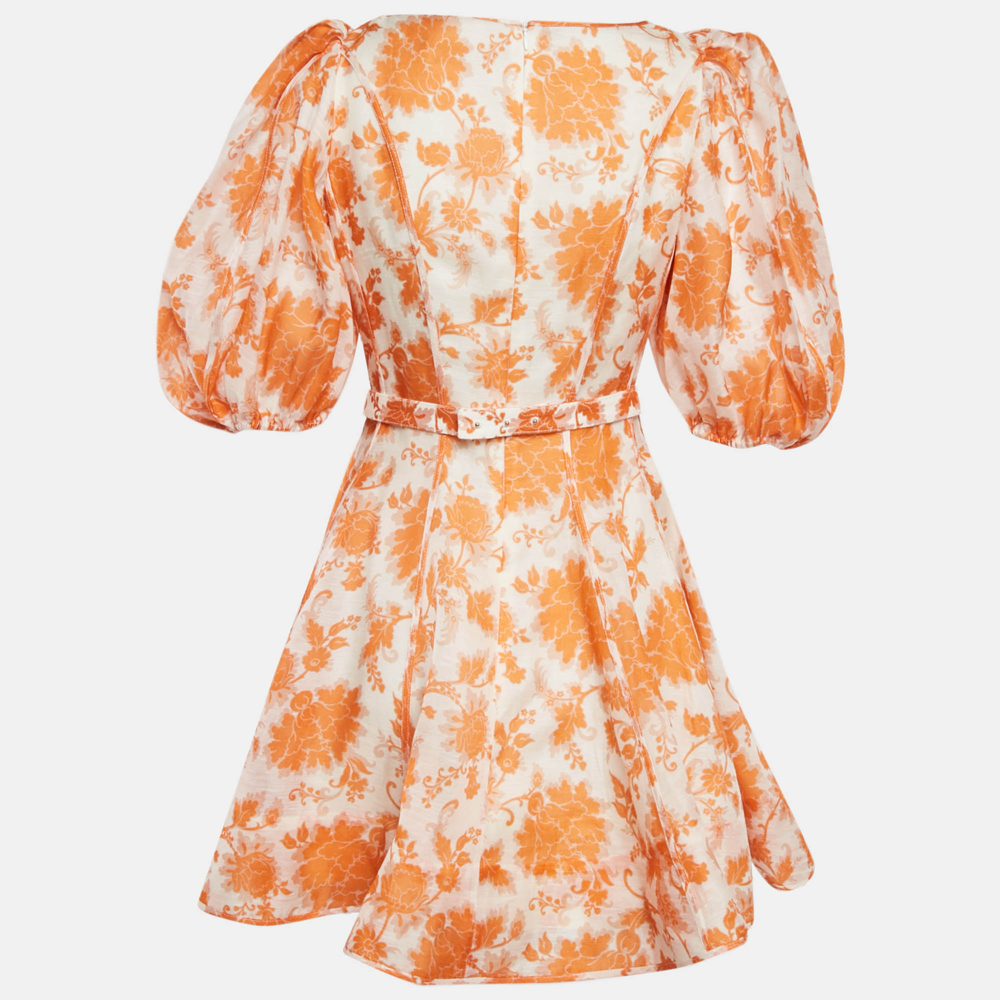 Zimmermann Orange Floral Print Linen Blend Puff Sleeve Postcard Mini Dress M