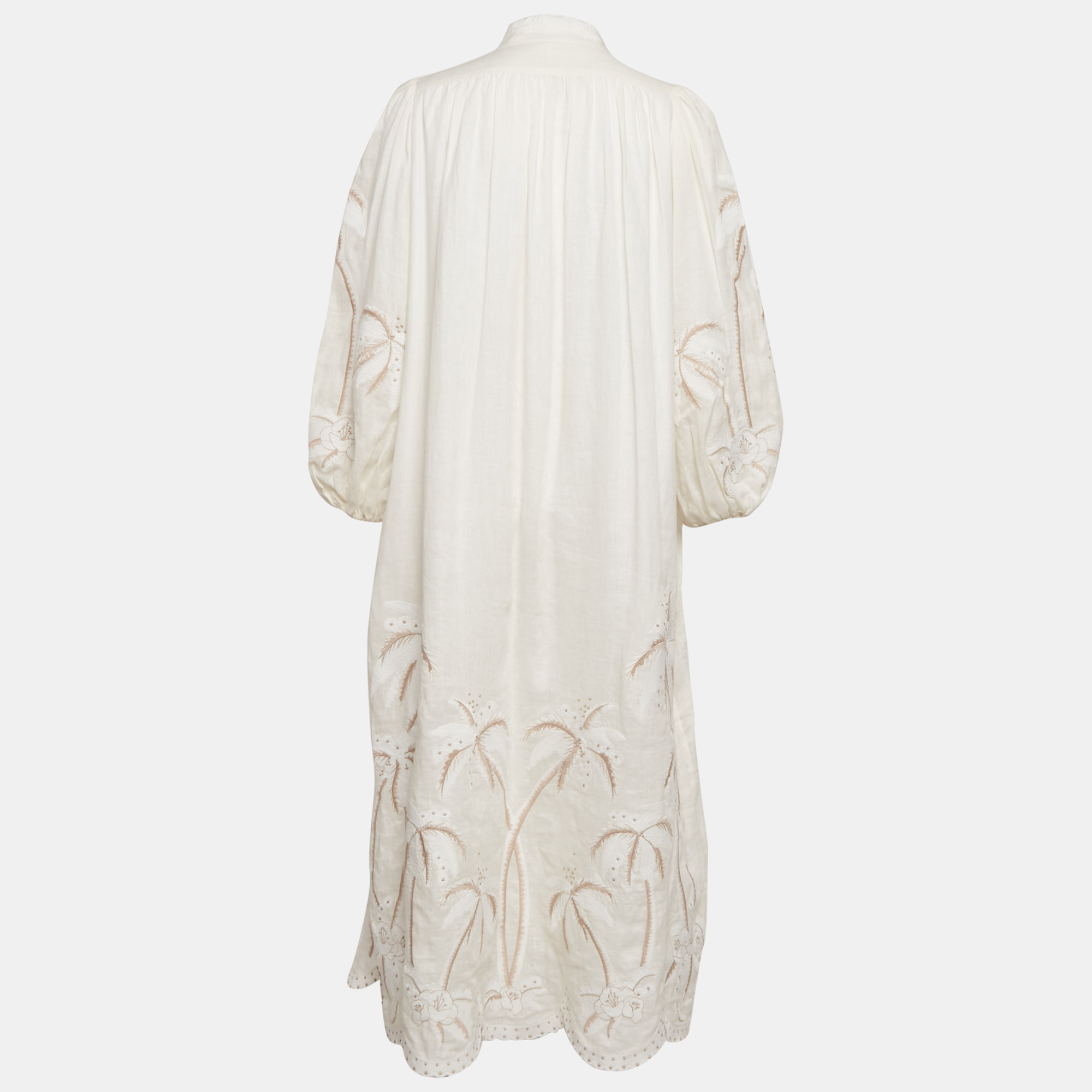 Zimmermann Off-White Embroidered Linen Puff Sleeve Midi Dress S