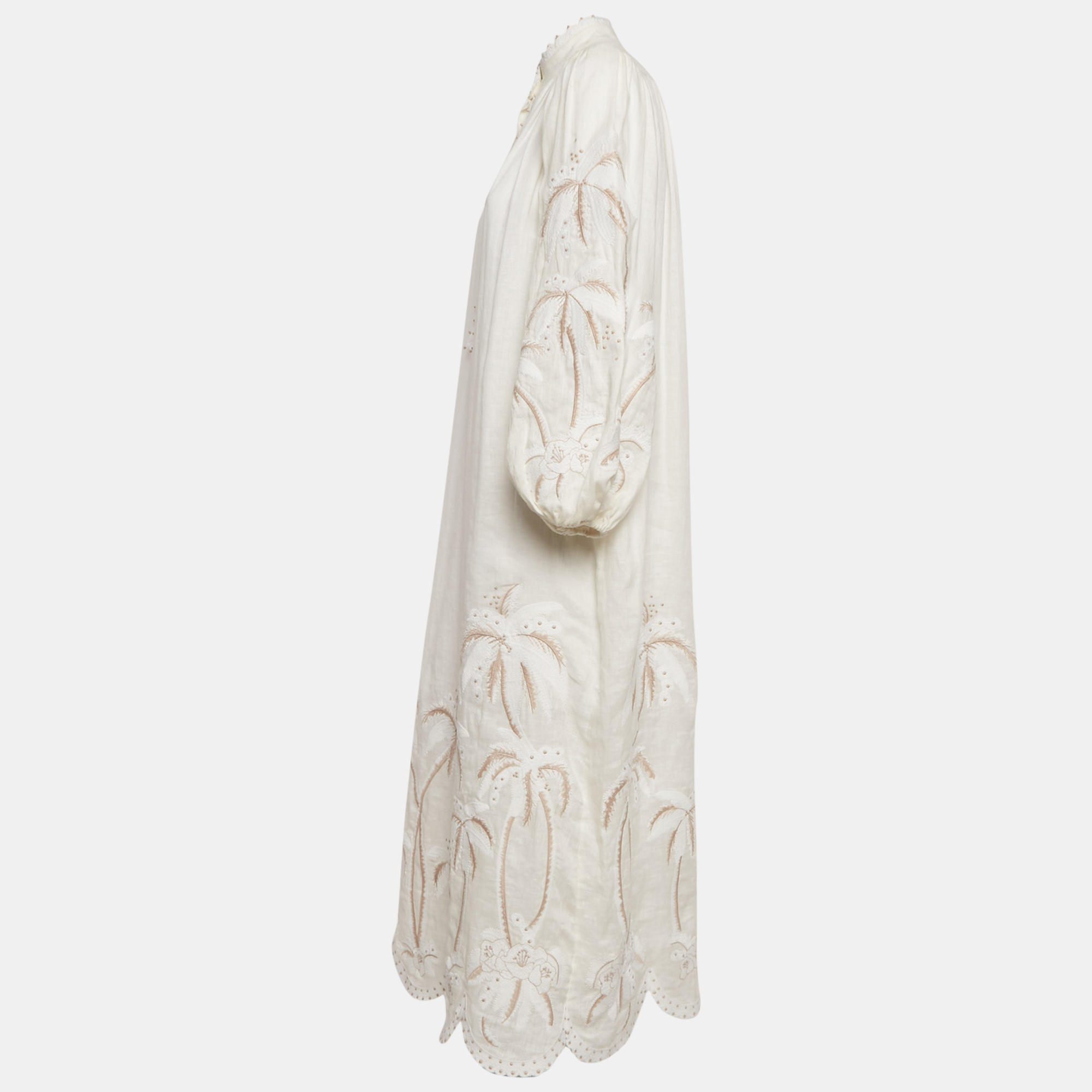 Zimmermann Off-White Embroidered Linen Puff Sleeve Midi Dress S