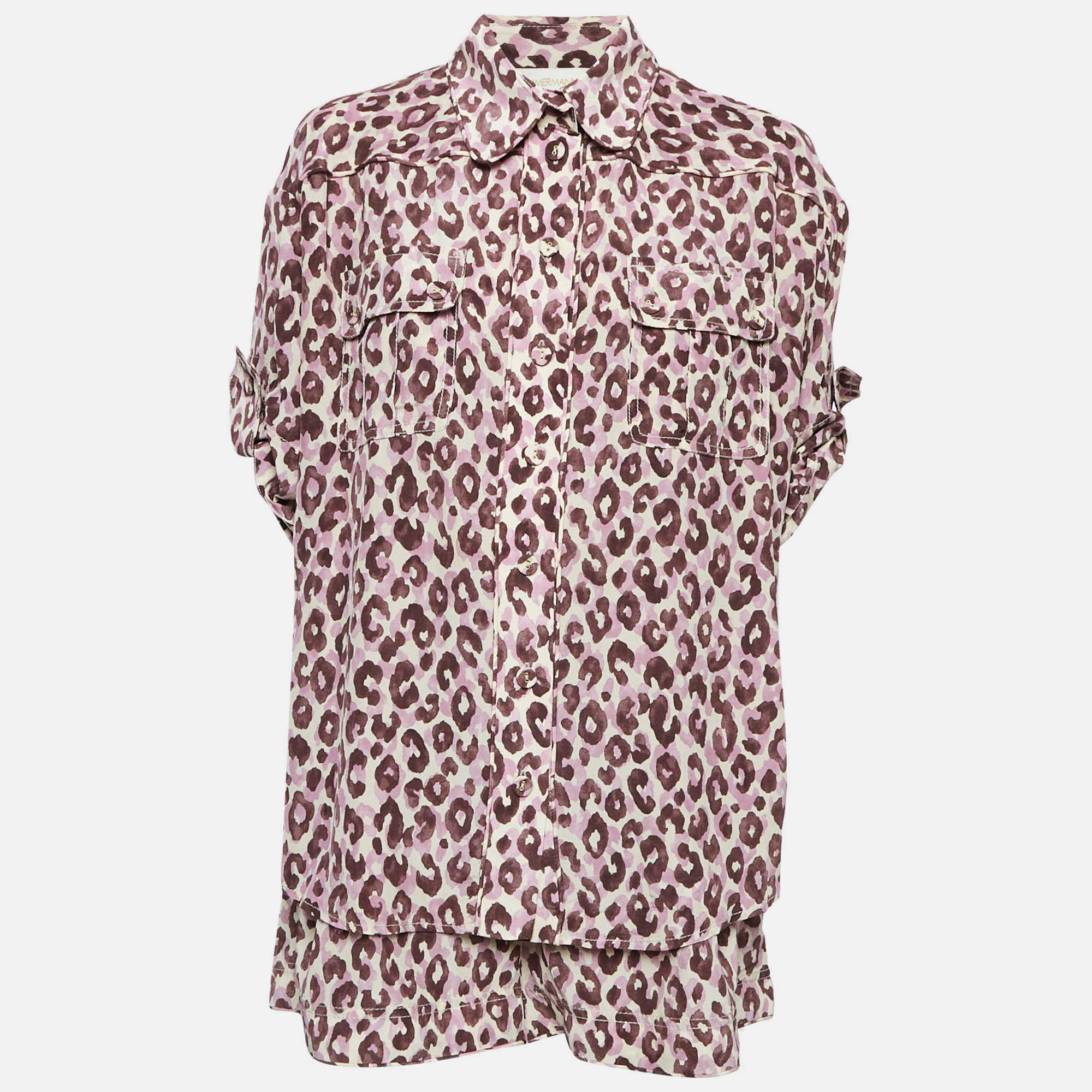 Zimmermann Purple Leopard Print Silk Shirt And Shorts Set M/L