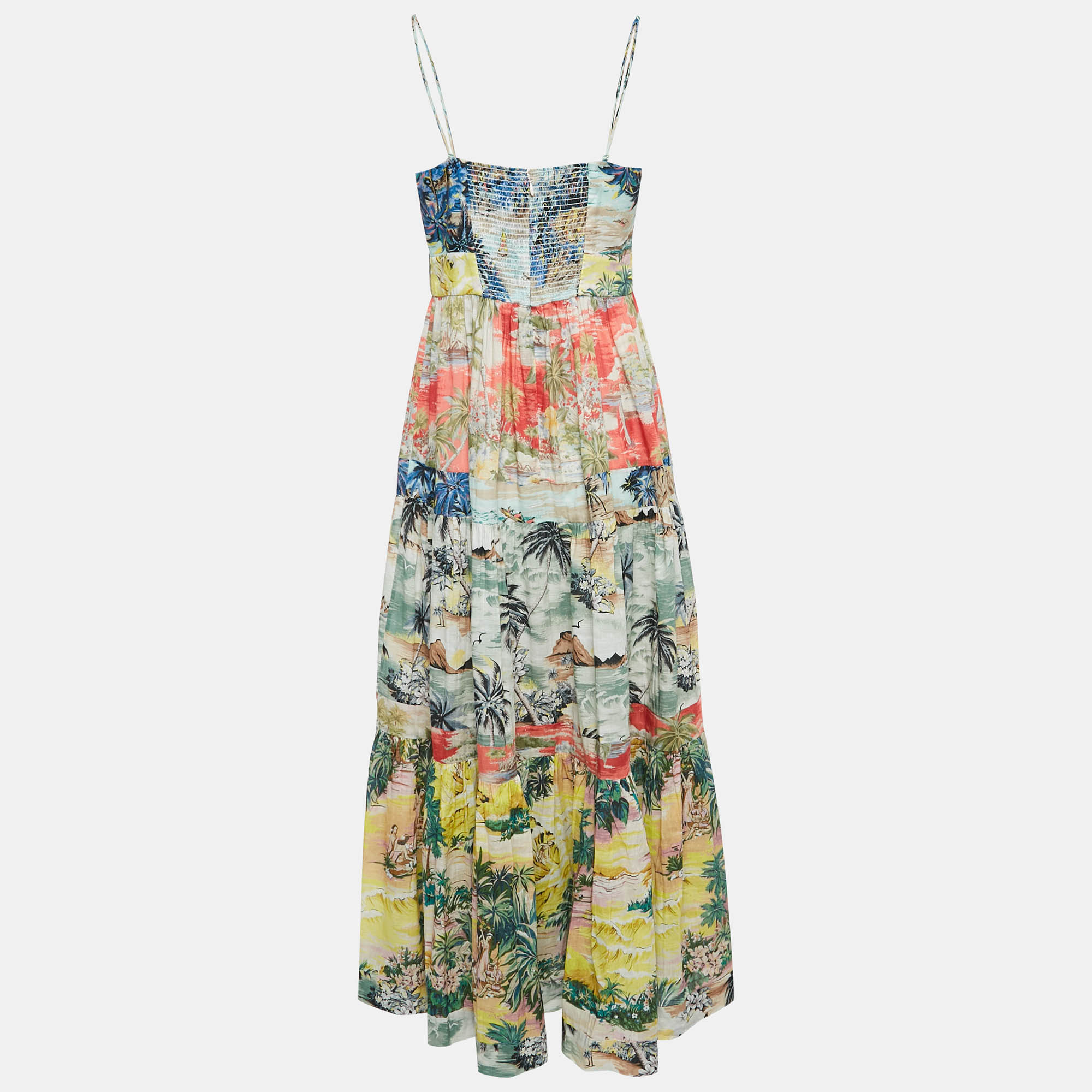 Zimmermann Multicolor Printed Cotton Neck Tie-Up Tiered Maxi Dress L