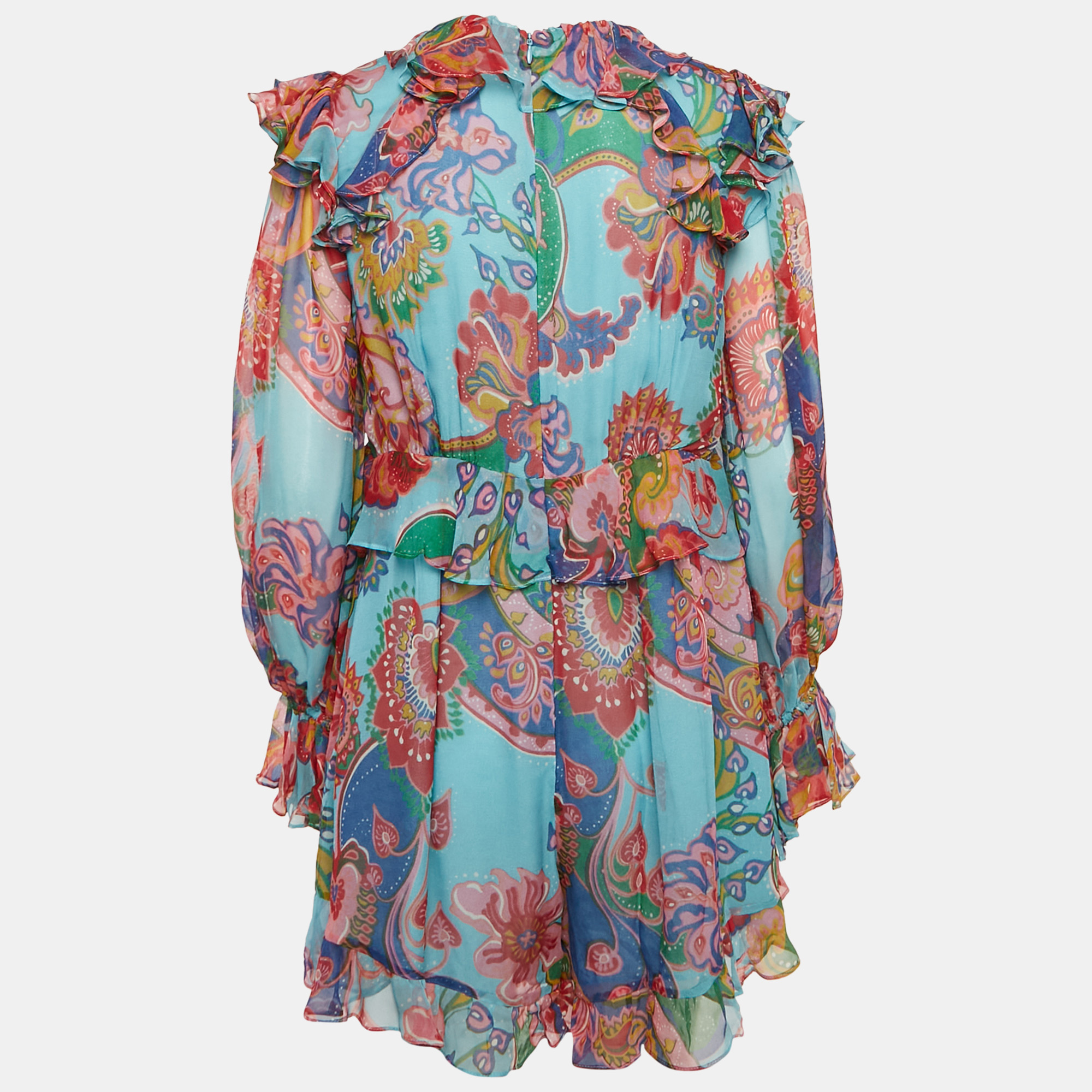 Zimmermann Blue Floral Print Silk Chiffon Ruffled Playsuit L