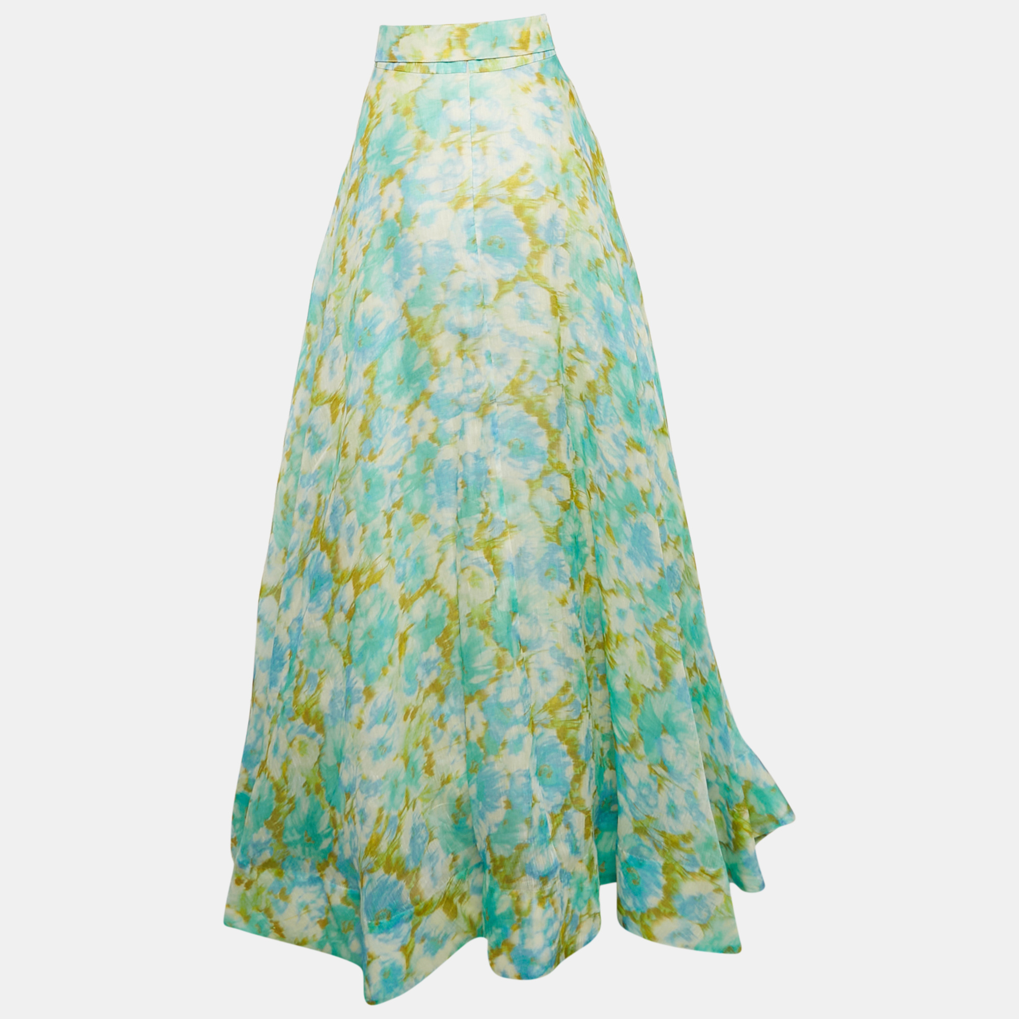 Zimmermann Blue Abstract Floral Print Linen Blend High-Tide Maxi Skirt L