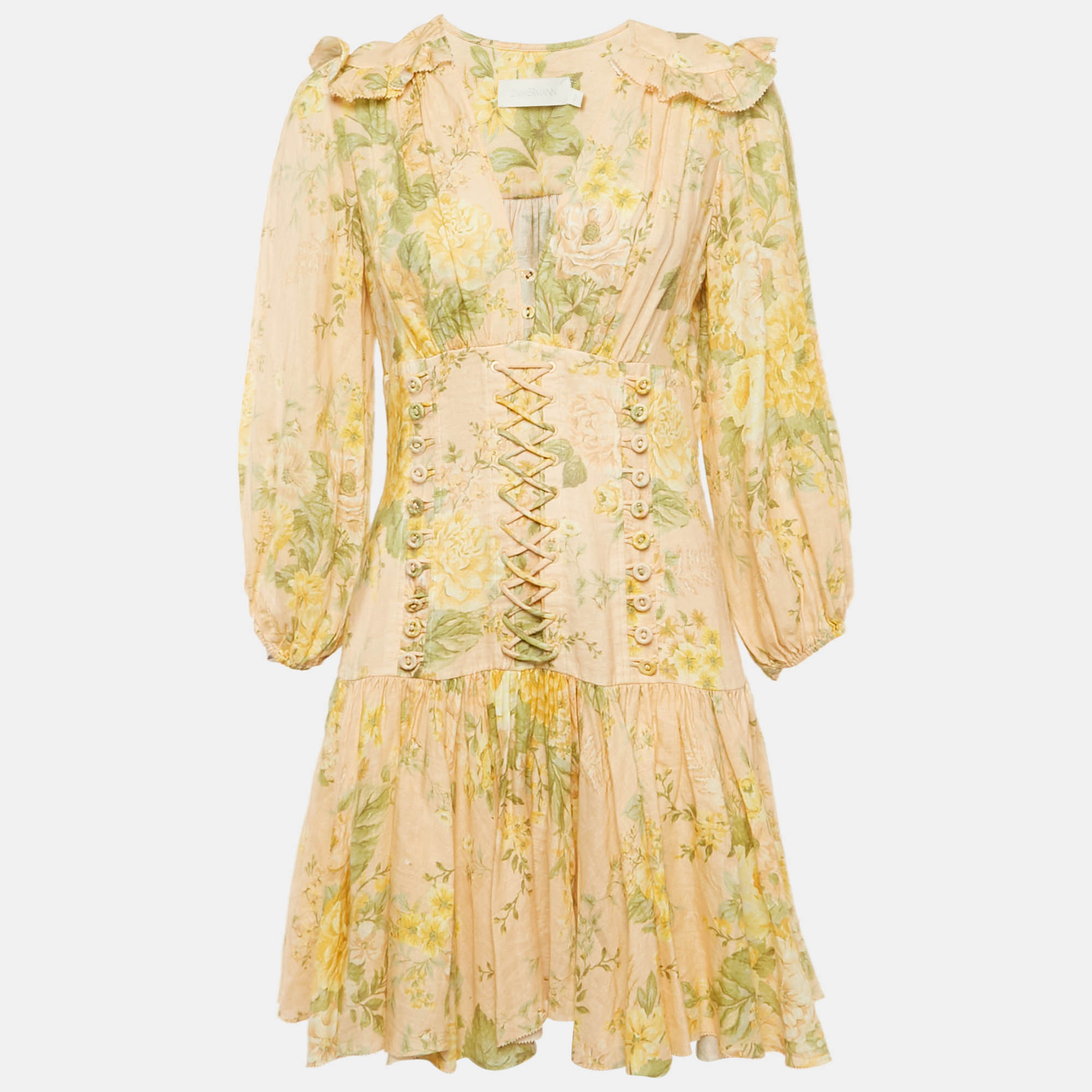 Zimmermann Beige Floral Print Linen Lace-Up Ruffled Mini Dress M
Zimmermann Beige Floral Print Linen Lace-Up Ruffled Mini Dress M