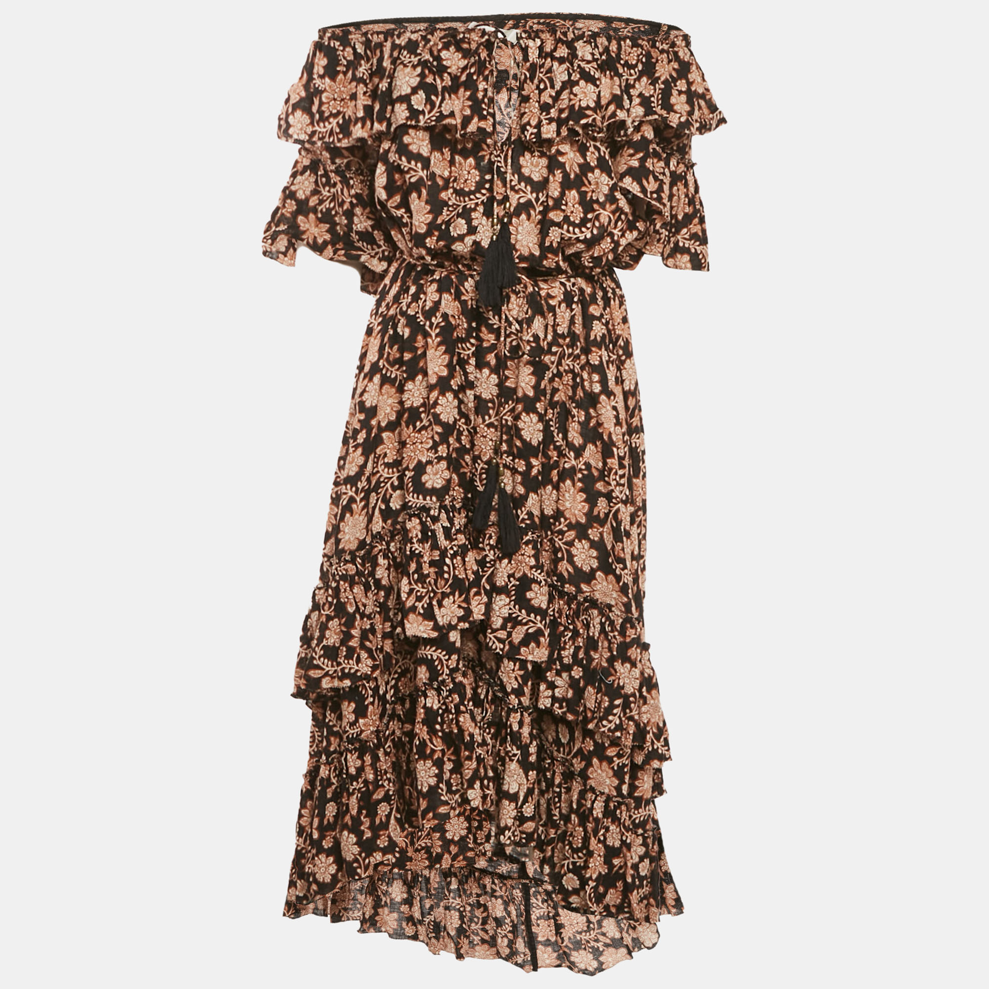 Zimmermann Black Floral Print Linen Tiered Off- Shoulder Dress M
Zimmermann Black Floral Print Linen Tiered Off- Shoulder Dress M
