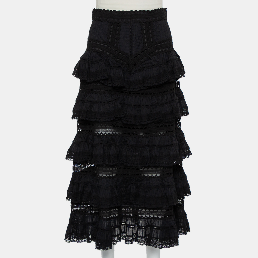 Zimmermann Black Paneled Cotton Lace Trim Ruffled Tiered Midi Skirt S