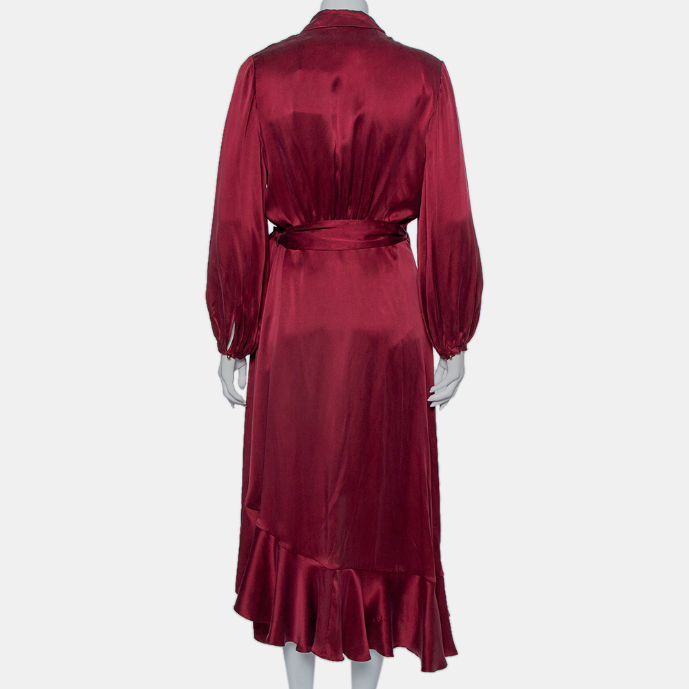Zimmermann Burgundy Coated Silk Flounce Midi Wrap Dress S