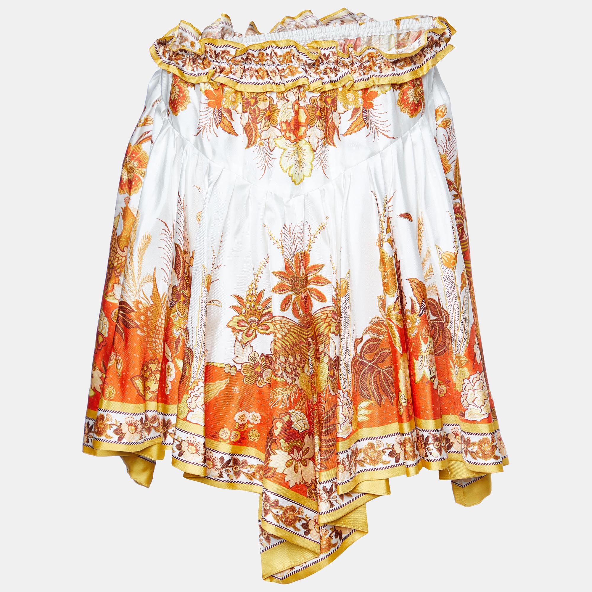 Zimmermann White Floral Printed Silk High Low Hem Mini Skirt S