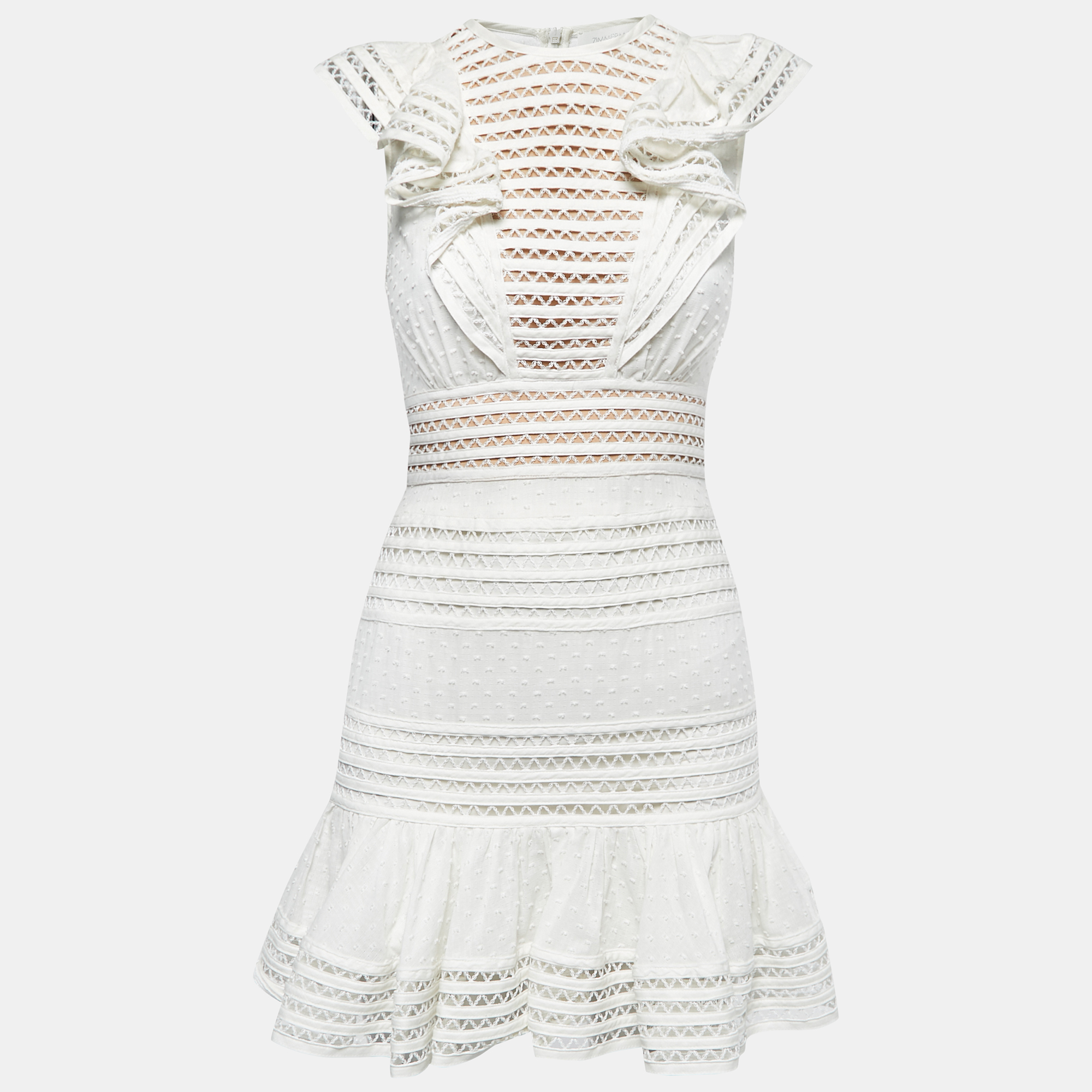 Zimmermann White Cotton & Lace Ruffled Mini Dress S