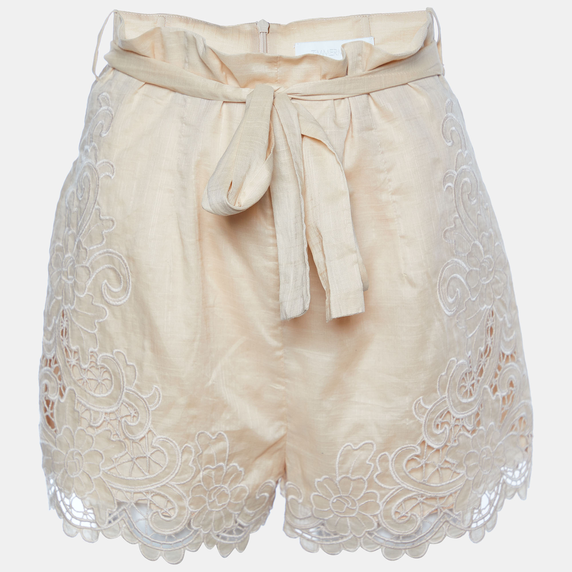 Zimmermann Cream Embroidered Cotton Belted Shorts S