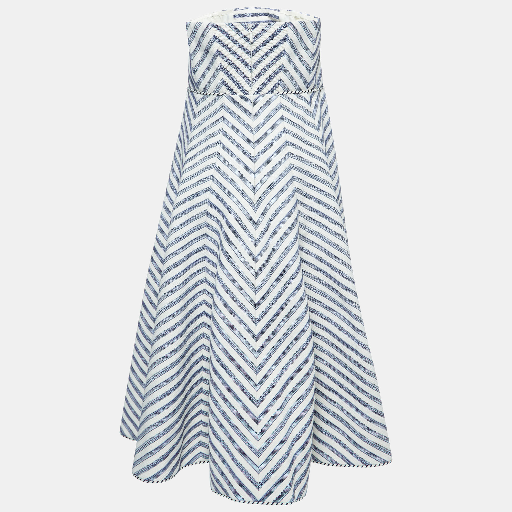 

Zimmermann White/Blue Striped Cotton Blend Strapless Midi Dress