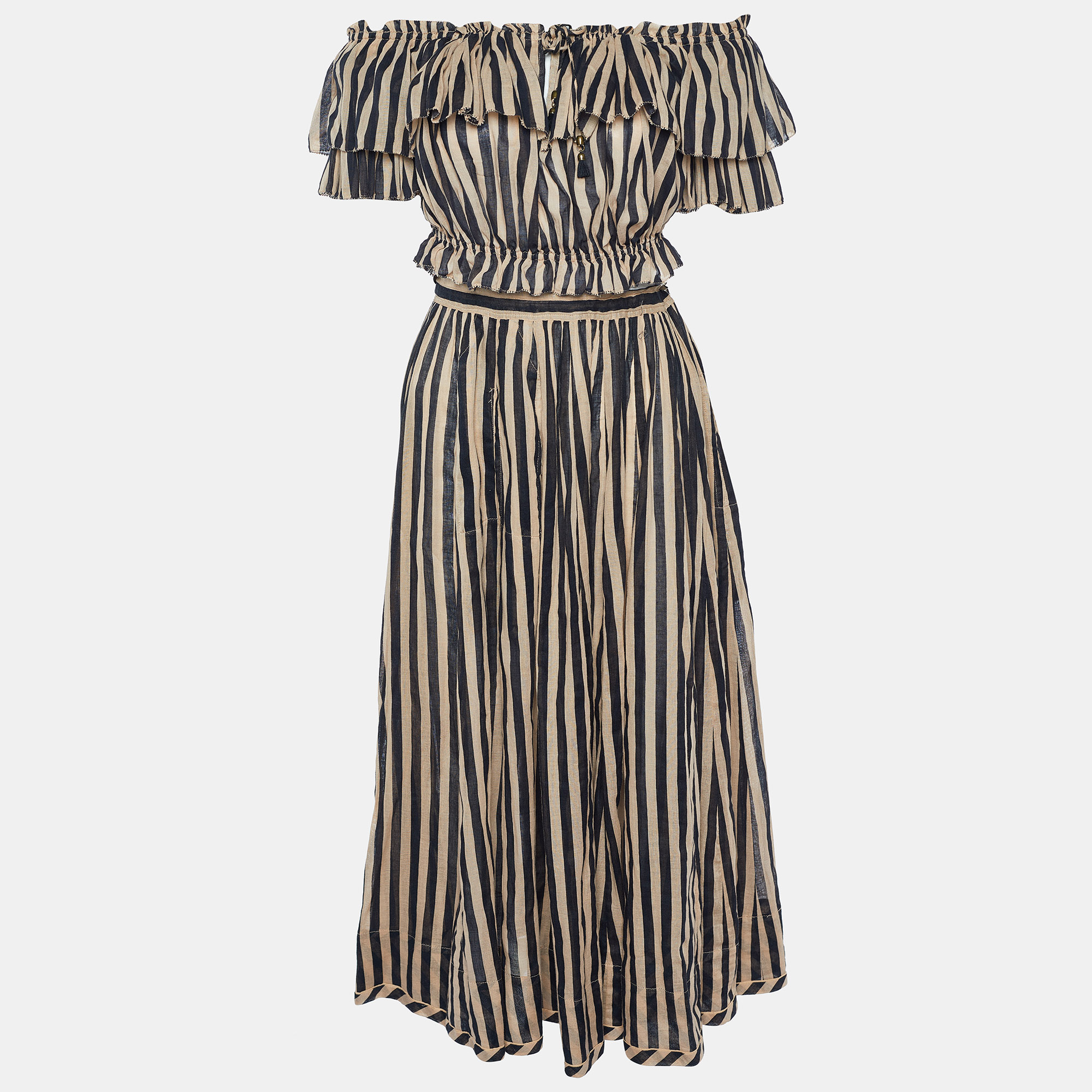 Zimmermann Beige & Black Striped Cotton Off Shoulder Crop Top & Midi Skirt M