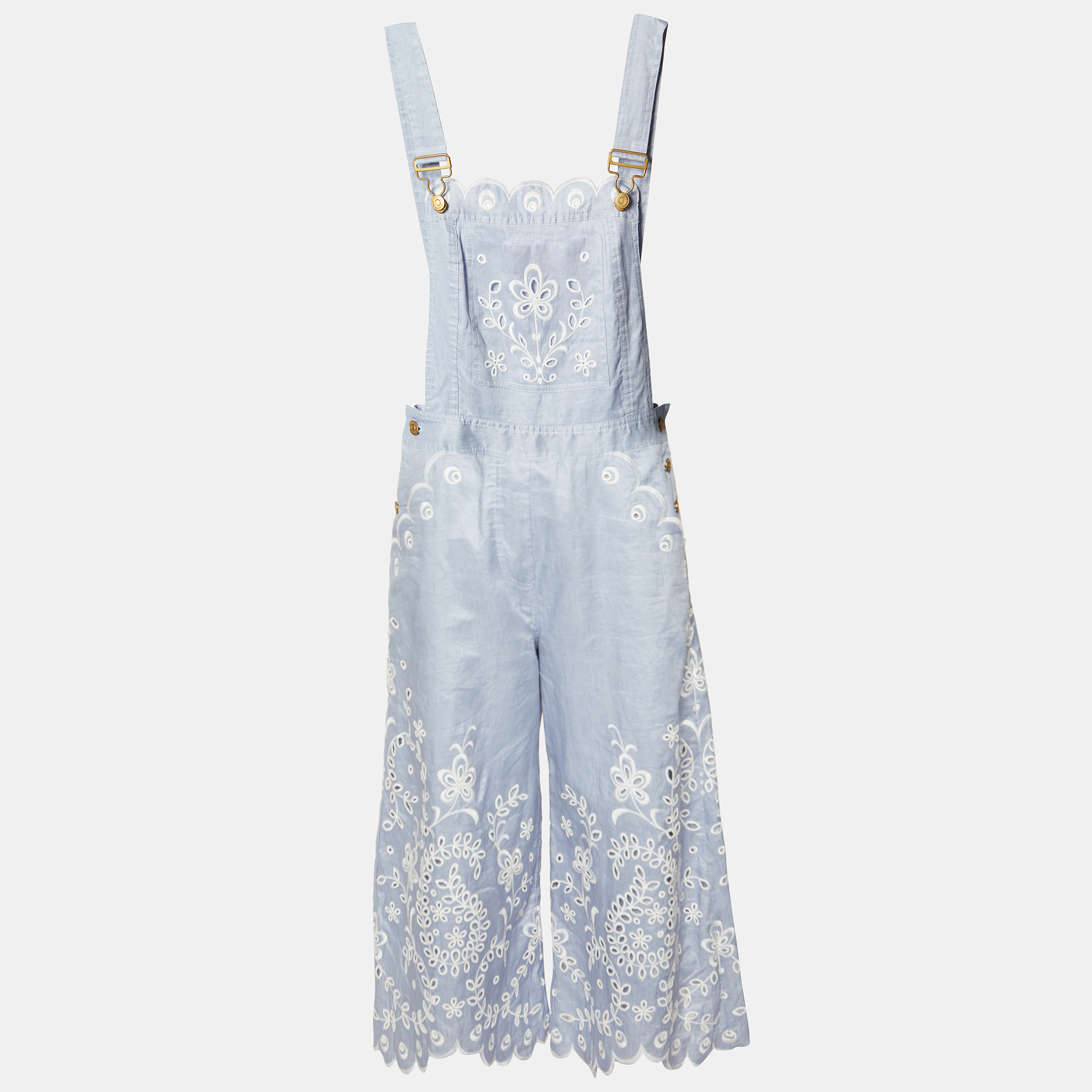 Zimmermann Blue Clover Broderie Anglaise Linen Cropped Jumpsuit M