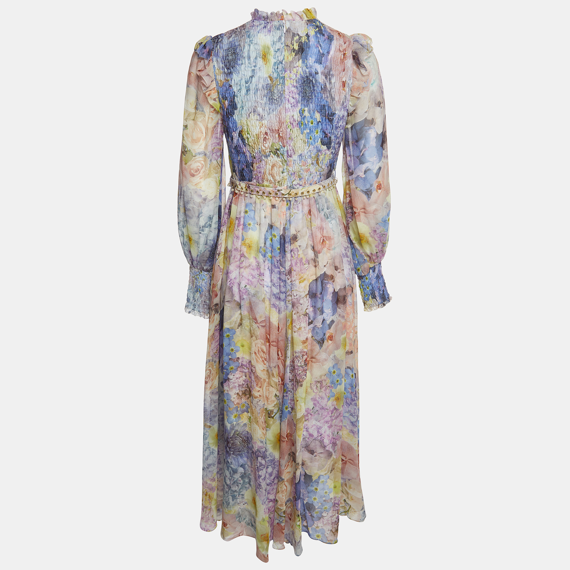 

Zimmermann Multicolor Floral Print Cotton Blend Long Sleeve Belted Maxi Dress