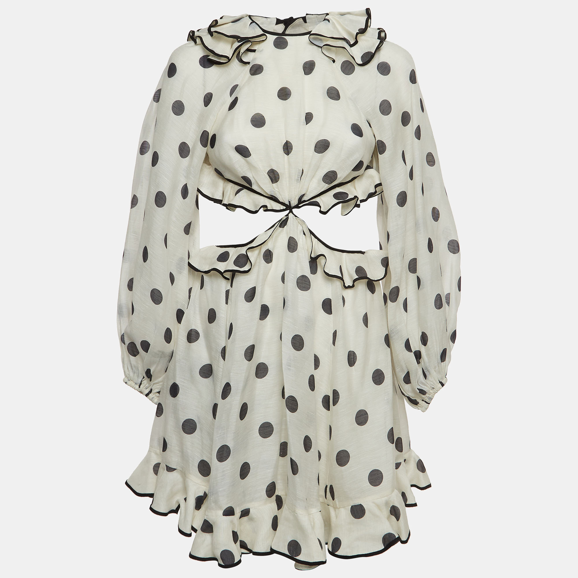 Zimmermann White/Black Polka-Dot Printed Linen Blend Frilled Mini Dress S