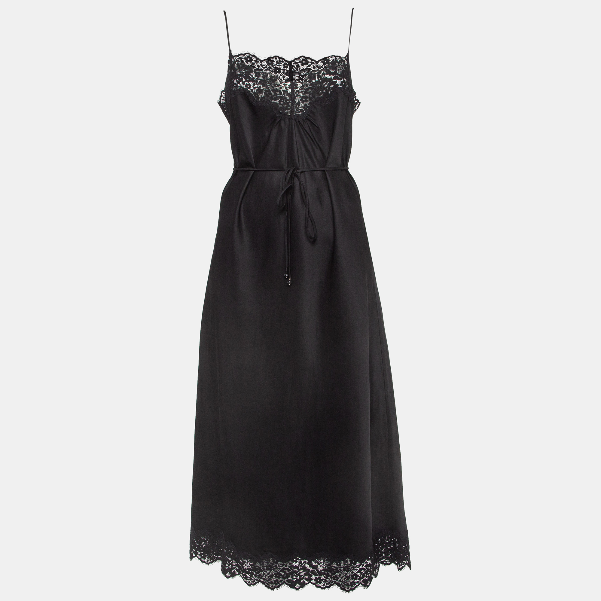 Zimmermann black lace trim crepe tie-up detail chantilly midi slip dress m