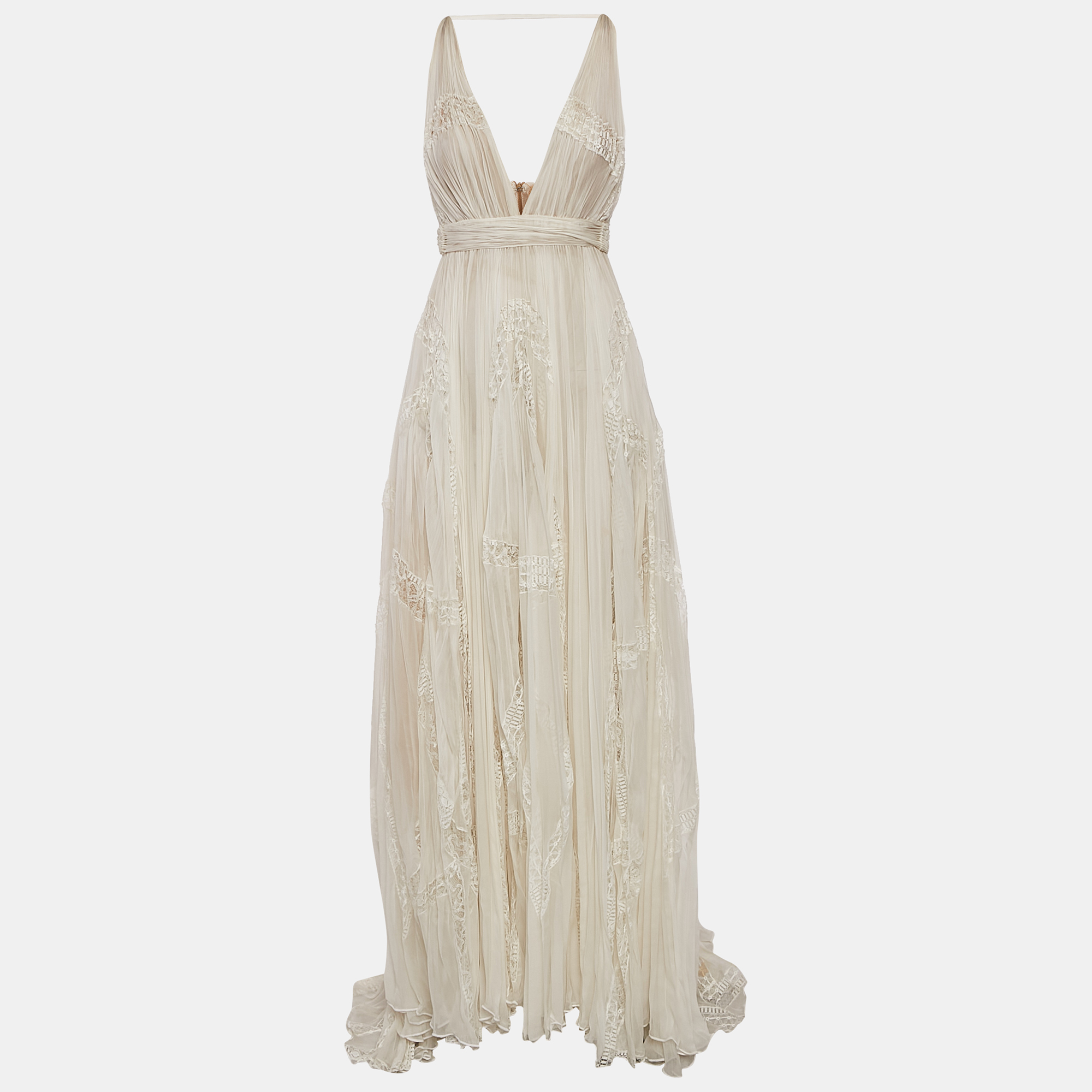 Zuhair Murad Off White Lace Trim Silk Pleated Gown and Feather Cape XS
Zuhair Murad Off White Lace Trim Silk Pleated Gown and Feather Cape XS