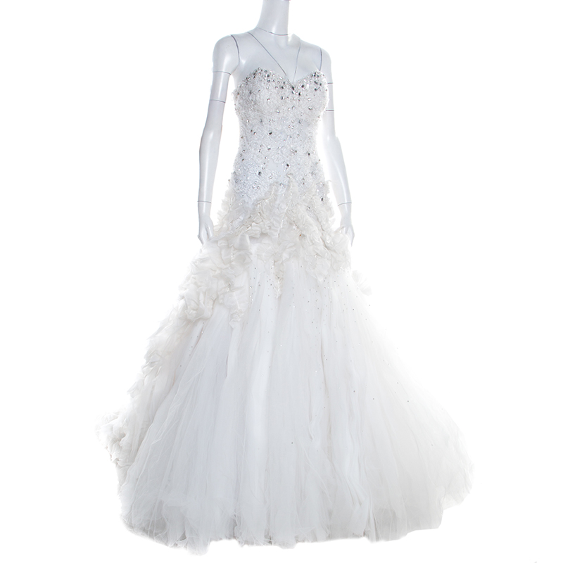 

Zuhair Murad White Embellished Strapless Ruffled Tulle Wedding Dress