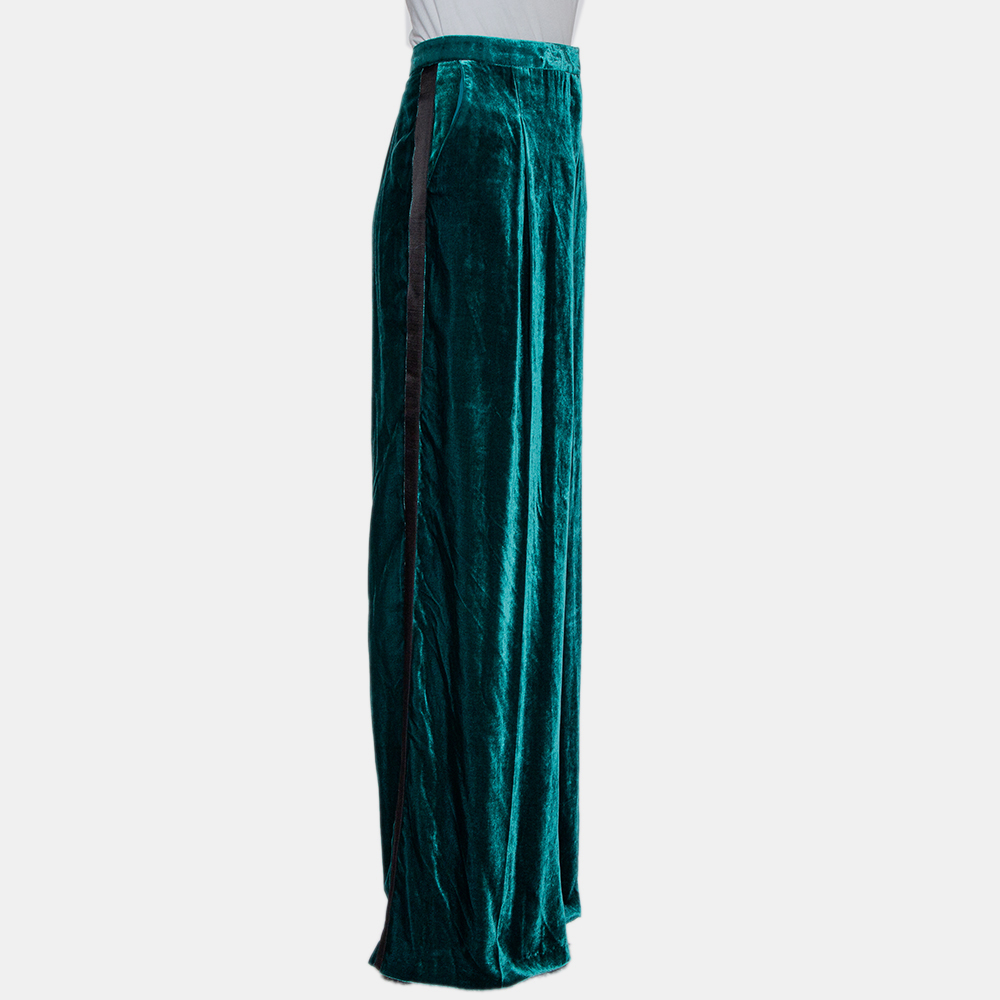 Zuhair Murad Green Velvet Contrast Trim Detail Wide Leg Pants M