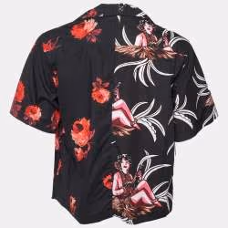 Pre Owned Prada Black Floral Print Cotton Logo Detail Bowling Shirt S