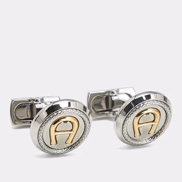Pre Owned Aigner Logo Two Tone Cufflinks