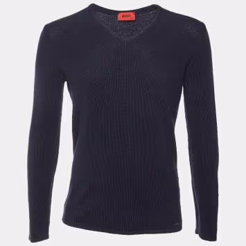 Pre Owned Hugo Boss Navy Blue Patterned Cotton & Wool Knit V-Neck Jumper M