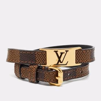 Pre Owned Louis Vuitton Sign It Damier Ebene Canvas Gold Tone Double Wrap Bracelet
