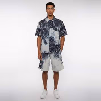 Pre Owned Louis Vuitton Blue Monogram Bandana Denim Short Sleeve Shirt & Shorts Set S