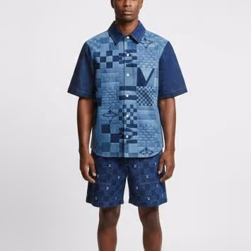 Pre Owned Louis Vuitton Blue Damier Monogram Print Denim Shirt and Shorts Set L/M