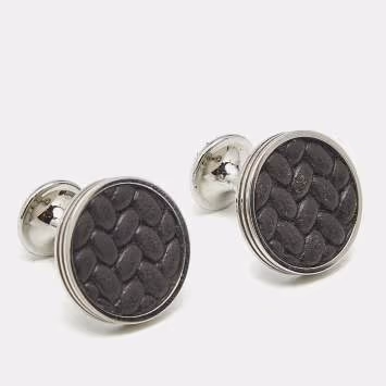 Pre Owned Montblanc Monograin Black Leather Inlay Steel Cufflinks