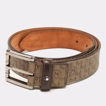 Pre Owned Montblanc 115 CM Buckle Belt Beige/Brown M Gram Coated Canvas