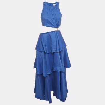 Pre Owned Aje Blue Linen Blend Wave Cut Out Midi Dress M