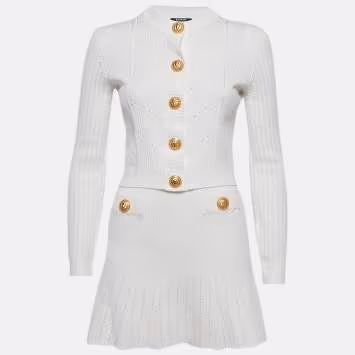 Pre Owned Balmain White Rib Knit Button Detail Skirt Set S