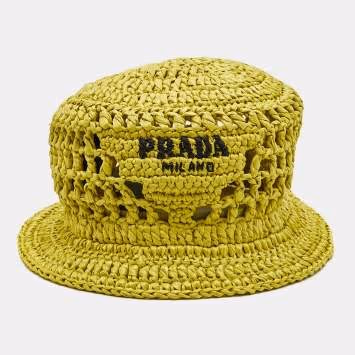 Pre Owned Prada Yellow Logo Crochet Raffia Bucket Hat M
