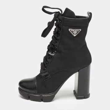 Pre Owned Prada Monolith Size 38 Black Leather Nylon Ankle Length Boots