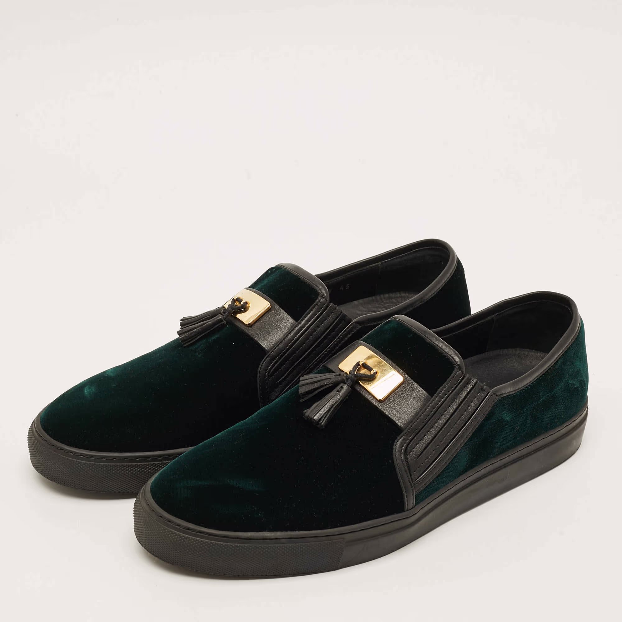 Balmain Size 43 Green/Black Leather Velvet Slip On Sneakers