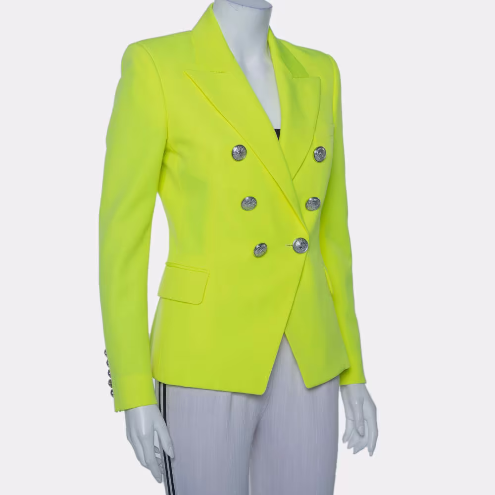 Balmain Neon Yellow Wool Double Breasted Button Front Blazer M in Pristine Condition