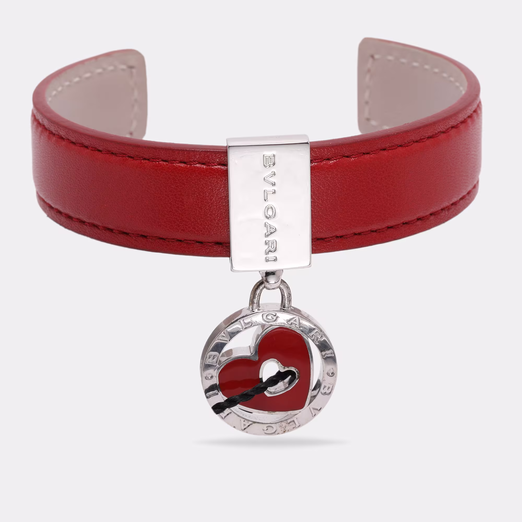 Bvlgari Red Leather Sterling Silver 925 Open Cuff Bracelet