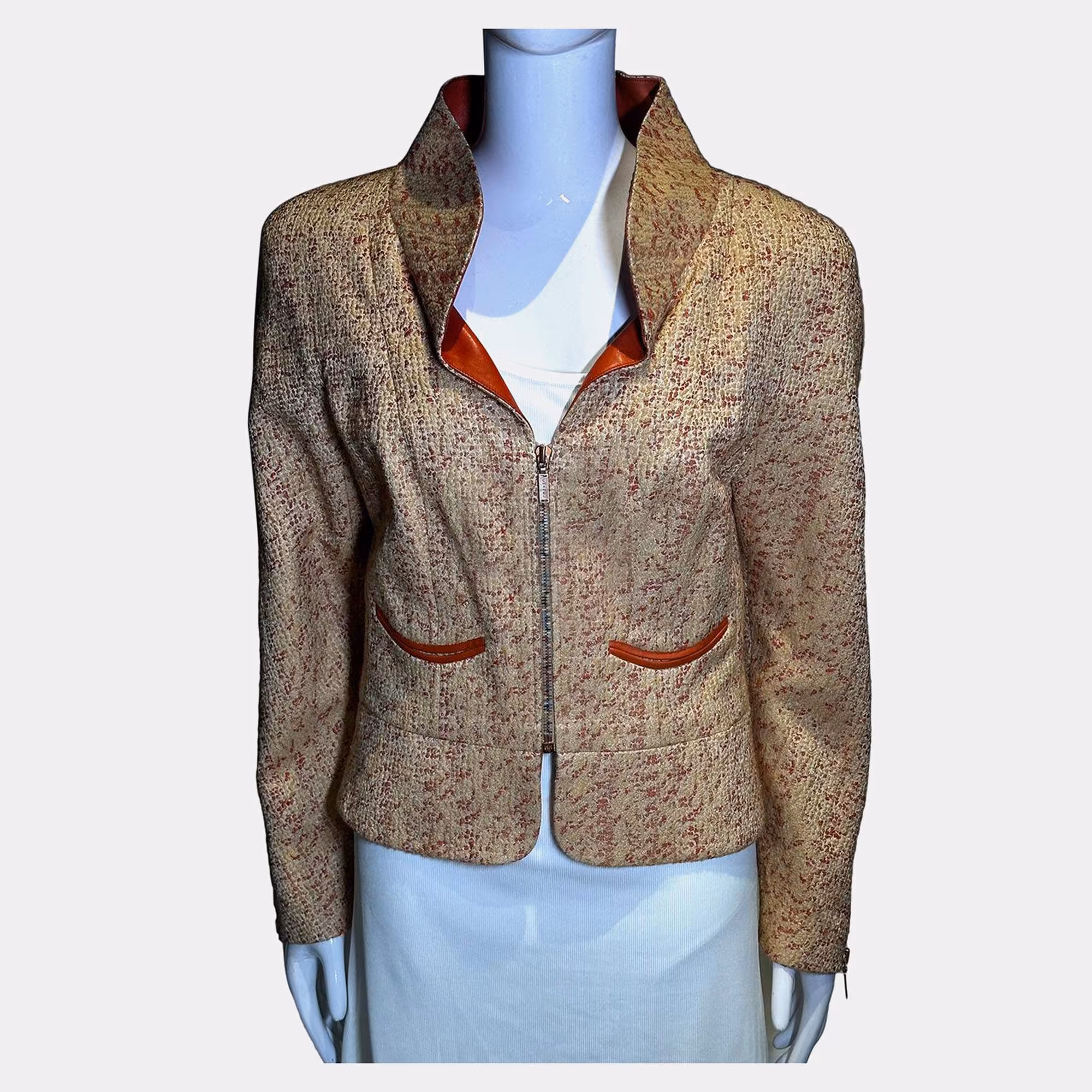 Chanel Salmon Boucle Zipped Up Wool Women's Jacket L