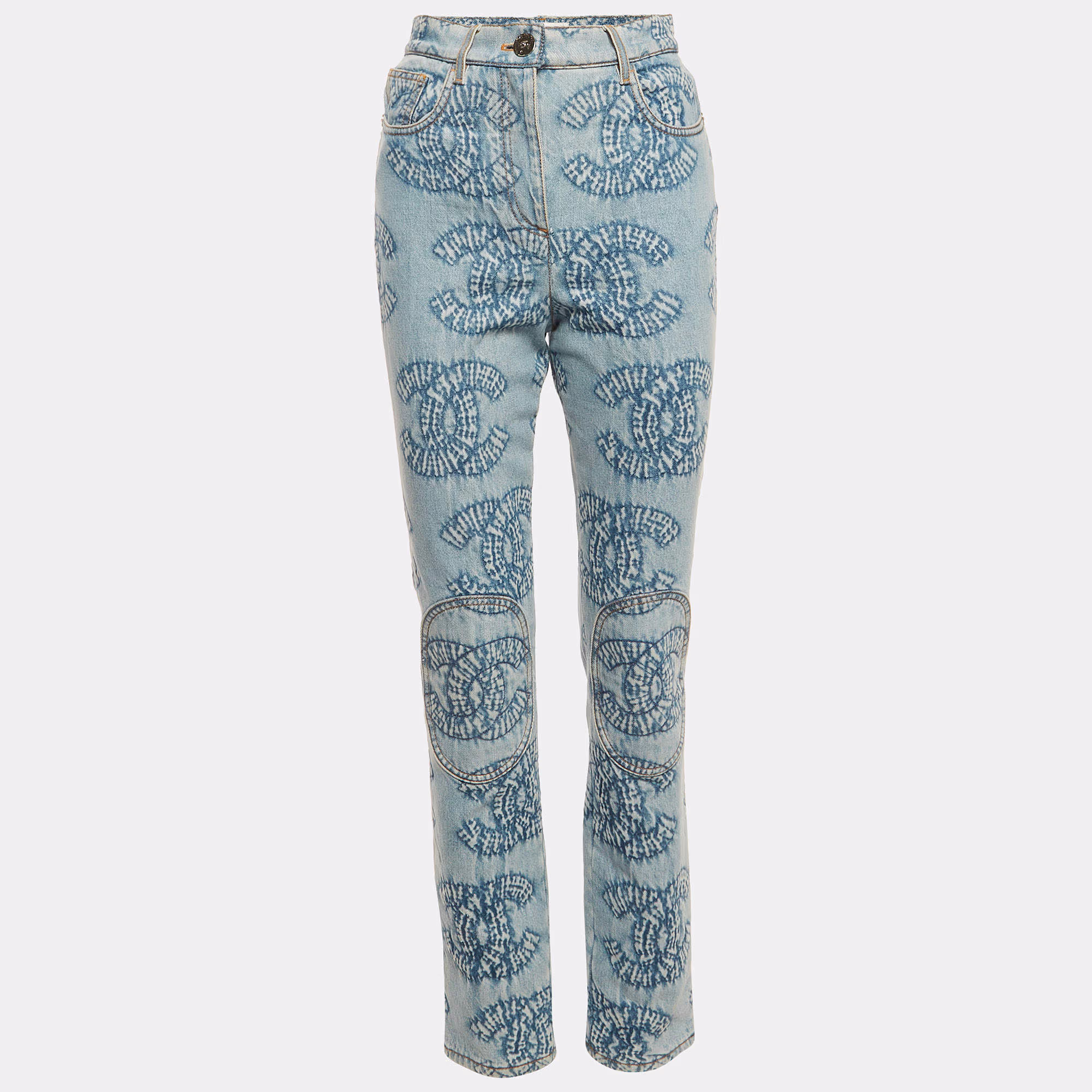 Chanel Blue Monogram Denim Regular Fit Jeans in size S, and excellent pre-owned condition