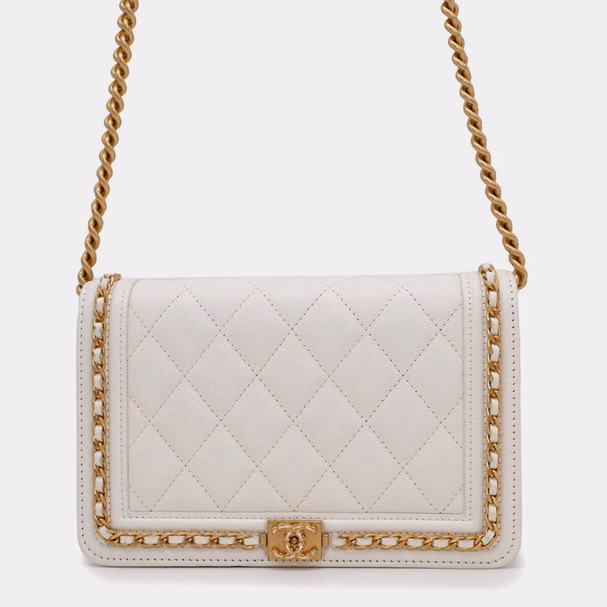 Chanel Boy White Soft Caviar Leather Round Chain Wallet