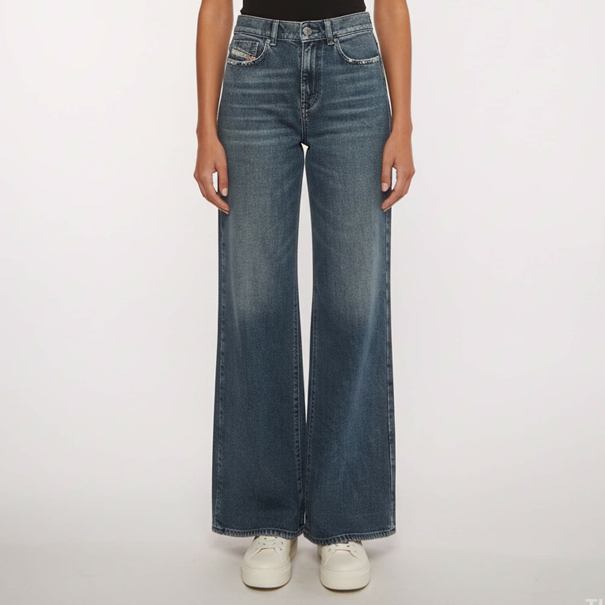 Diesel Blue Denim Distressed Wide Leg Jeans - Priced at 496 AED