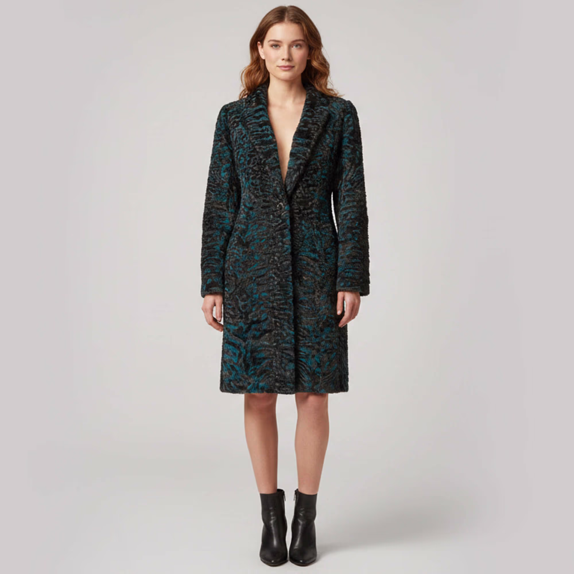 Christian Dior Blue/Black Textured Fur Astrakhan Mid Length Coat M